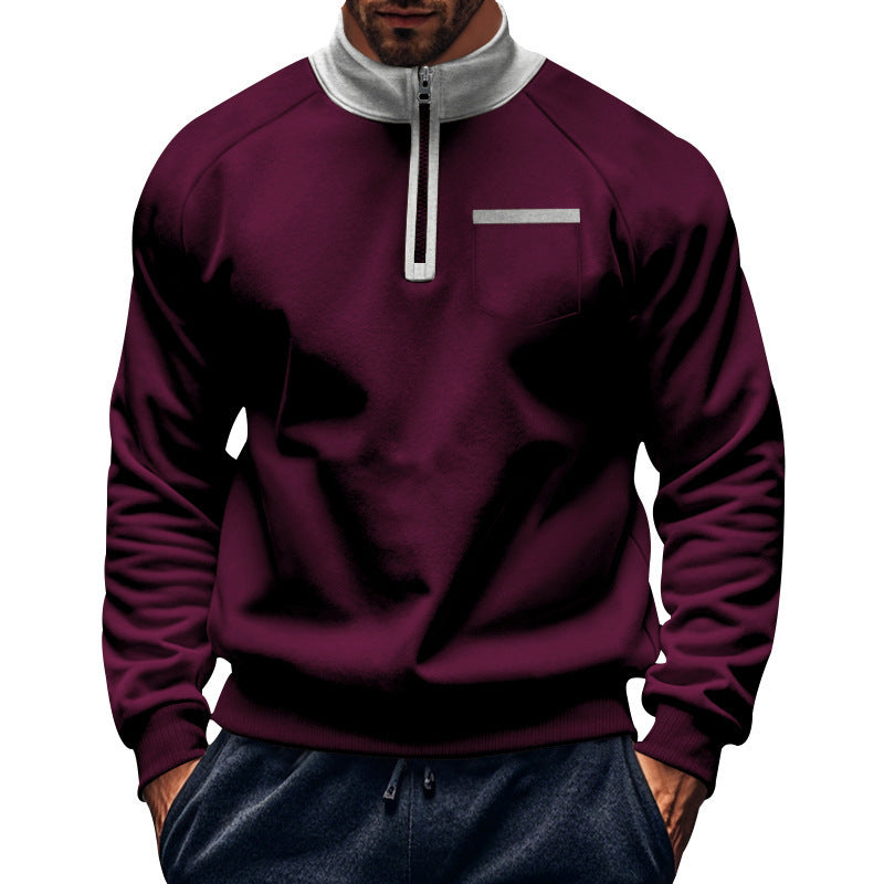 Herren sportlicher Stehkragen Pullover mit Reißverschluss und praktischer Brusttasche Aliams