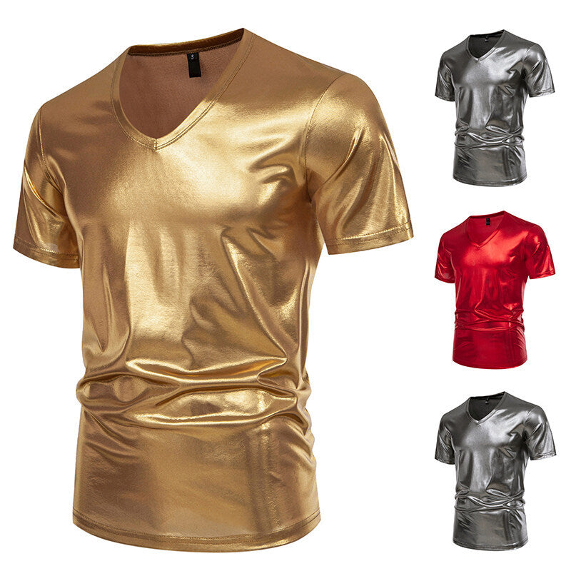 Herren V-Ausschnitt T-Shirt aus glänzendem Material mit persönlichem Stil Aliams