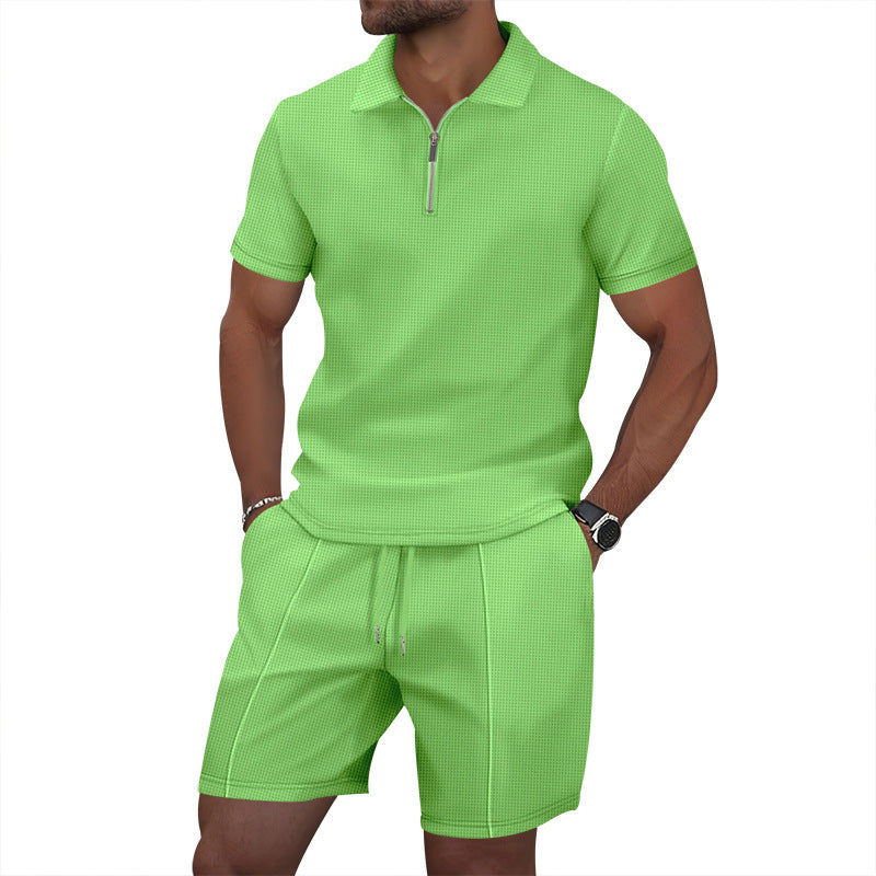 Herren sportliches Kurzarm-Poloshirt und Shorts-Set mit Reißverschluss Aliams