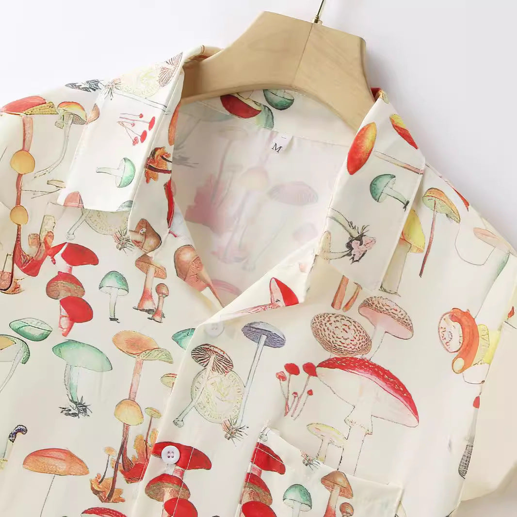 Damen Langarm Hemd mit kreativem Pilzmuster und hochwertigen Materialien Aliams