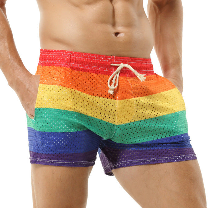 Herren Badeshorts mit atmungsaktivem Netzmaterial und buntem Regenbogenmuster Aliams