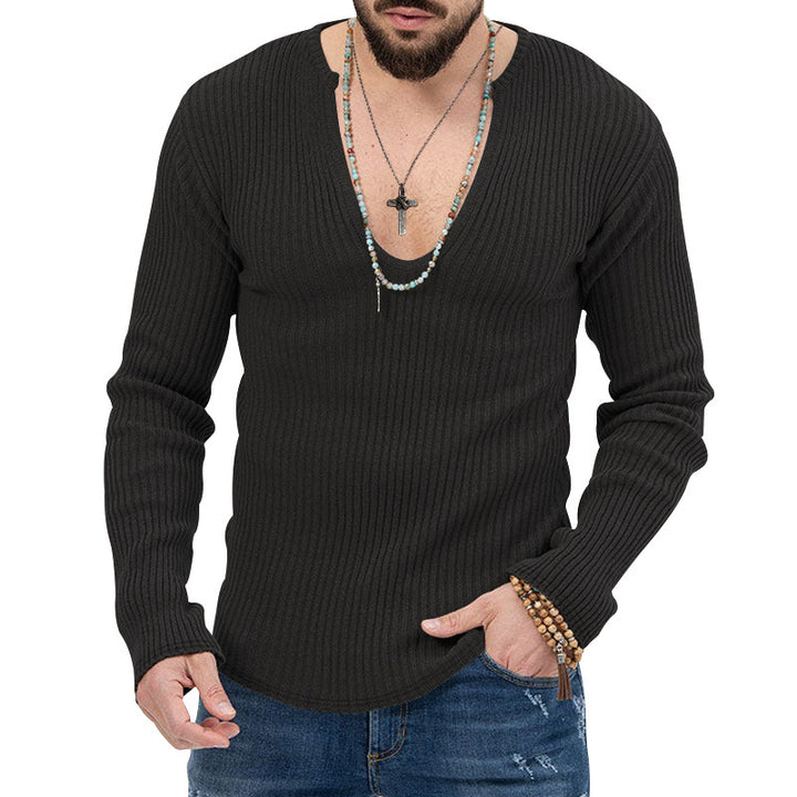 Herren elegantes Langarmshirt mit tiefem V-Ausschnitt und strukturiertem Gewebe Aliams
