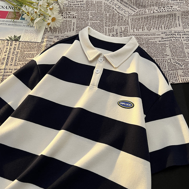 Herren gestreiftes Kurzarm-Polohemd aus atmungsaktivem Baumwollmaterial Aliams