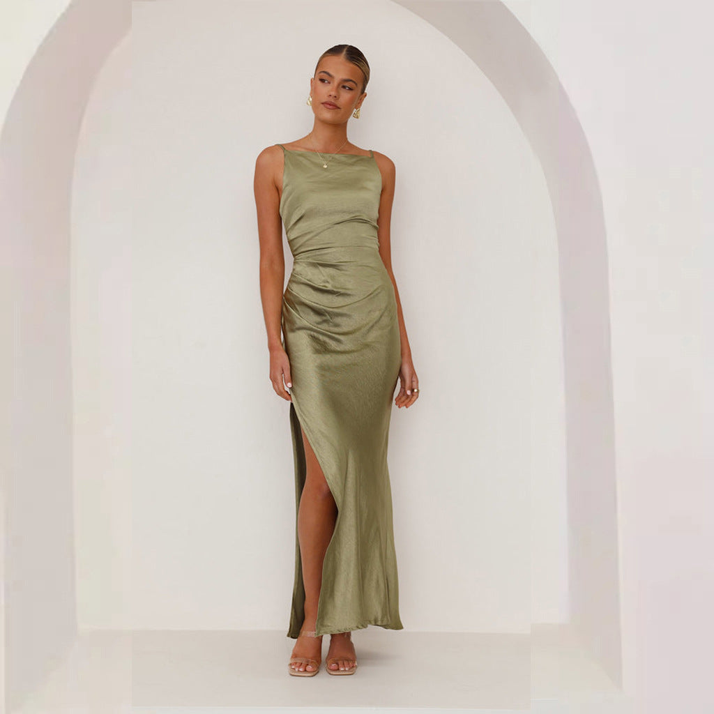 Damen Maxikleid mit Elegantem Satin-Finish und Hoch Geschnittenem Schlitz Aliams