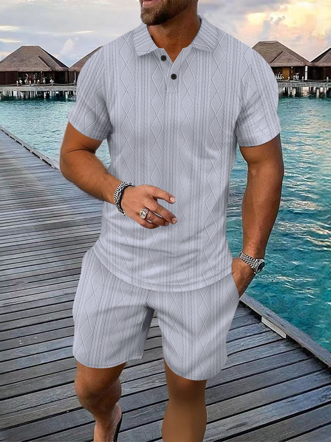 Herren Strukturstrick Polo und Shorts Set Aliams