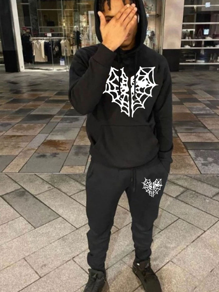 Herren Kapuzenpullover und Jogginghose Set mit einzigartigem Spinnennetz-Motiv Aliams