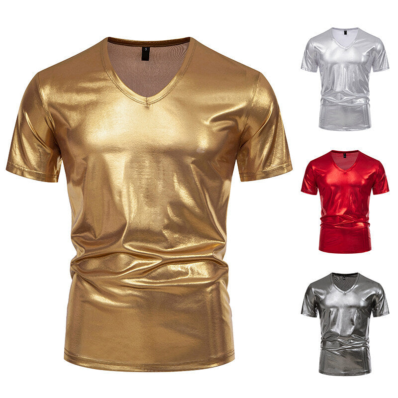 Herren V-Ausschnitt T-Shirt aus glänzendem Material mit persönlichem Stil Aliams