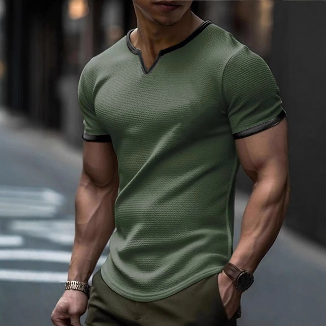 Herren Kurzarm T-Shirt mit strukturiertem V-Ausschnitt und kontrastierenden Ärmeln Aliams