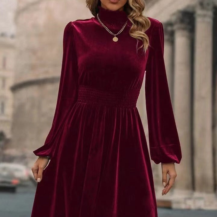 Damen Samtkleid mit hochgeschlossenem Design und eleganten langen Ärmeln Aliams