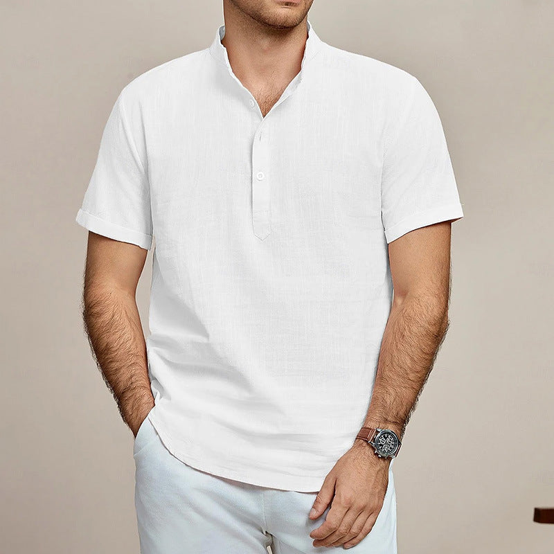 Herren Kurzarm Leinenhemd mit Stehkragen Aliams