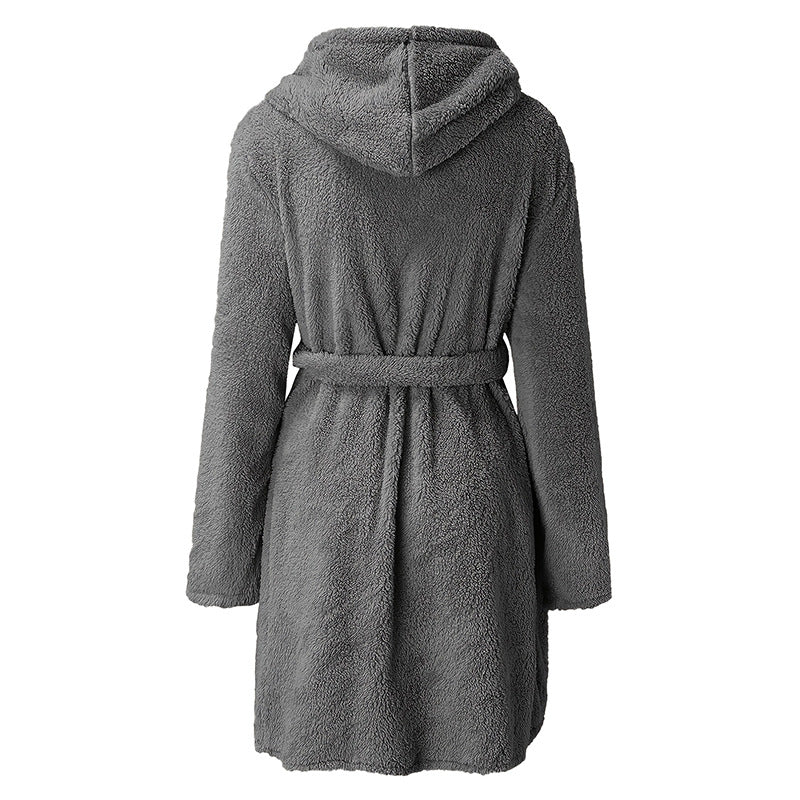 Damen Kuscheliger Fleece-Bademantel mit Kapuze und praktischen Taschen Aliams