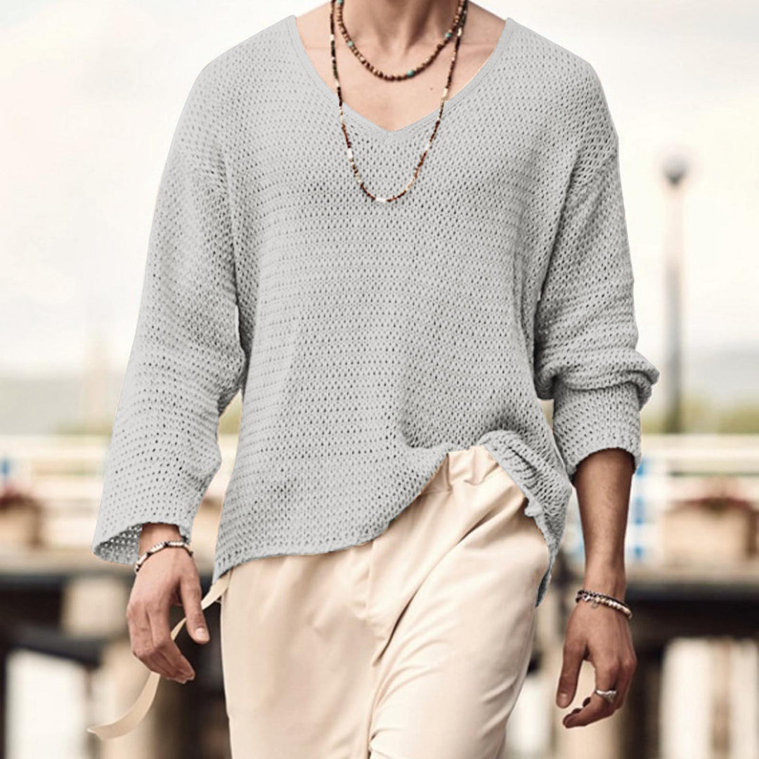 Herren V-Ausschnitt Waffelmuster Pullover mit 3/4-Ärmeln Aliams