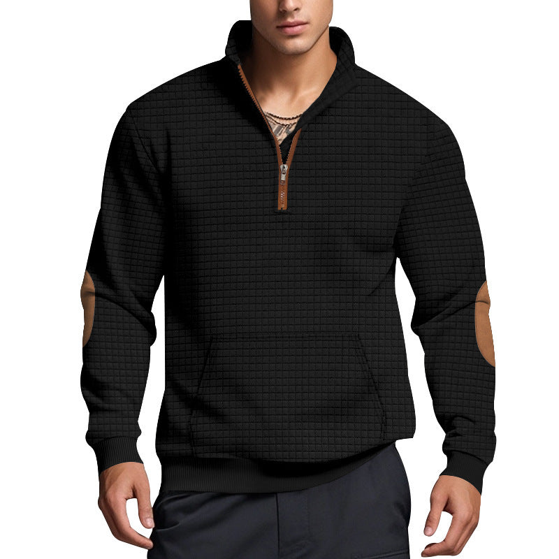 Herren sportlicher Fleece-Pullover mit halbem Reißverschluss und eleganten Ellbogen-Patches Aliams