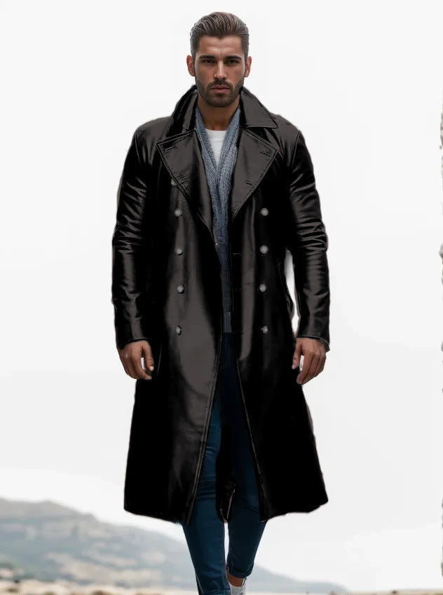Herren Eleganter Kunstleder-Trenchcoat mit doppelt geknöpftem Design Aliams