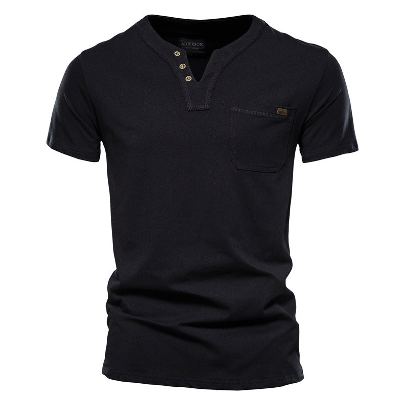Herren Kurzarm-Shirt mit modernem Henley-Ausschnitt und Brusttasche Aliams