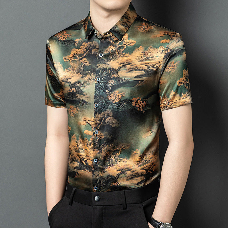 Herren Kurzarmhemd im modernen asiatischen Stil mit kunstvollem Druck Aliams