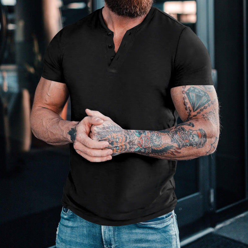 Herren Kurzarm-Henley-T-Shirt mit modischem Kragen und praktischem Knopfdesign Aliams