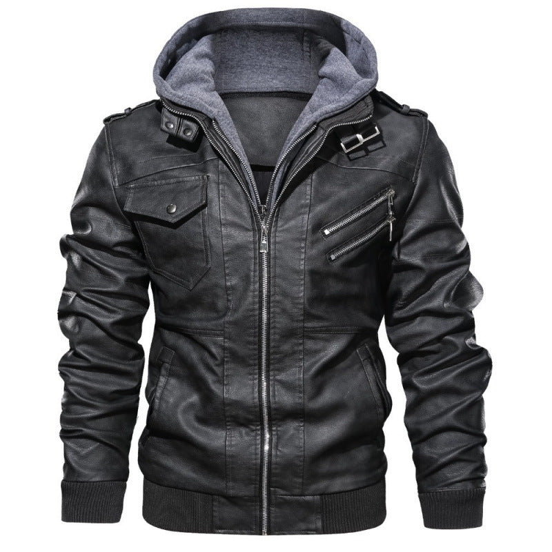 Herren Lederjacke im modernen Biker-Stil mit abnehmbarer Kapuze Aliams