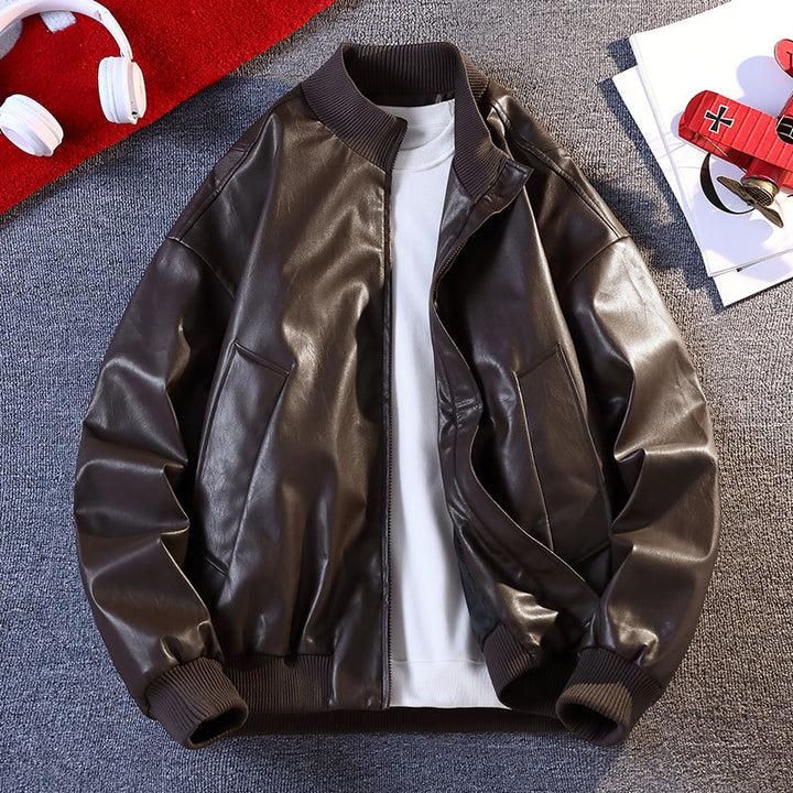 Herren Kunstleder Bomberjacke mit elastischen Rippbündchen und praktischen Taschen Aliams