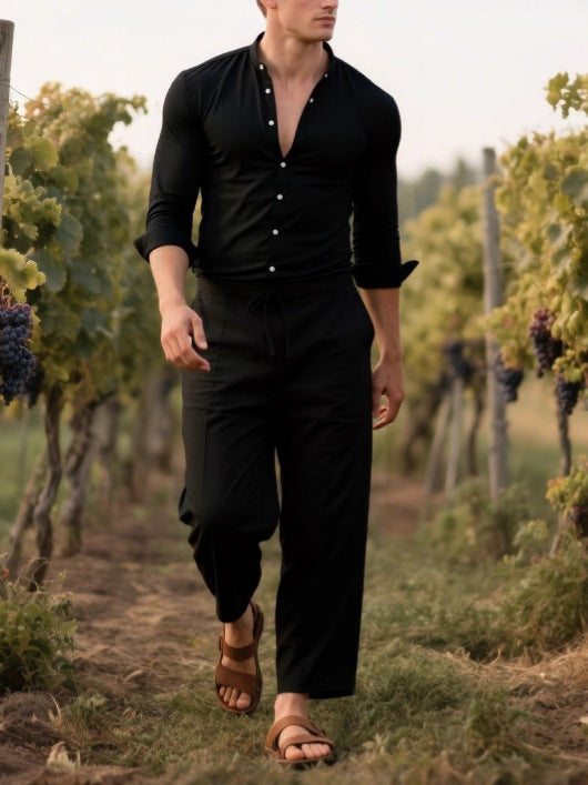 Herren Elegantes Langarm-Hemd mit praktischer Knopfleiste und lässiger Hose Aliams