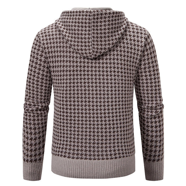 Herren gemütlicher Strickpullover mit modernem Karomuster und Kapuze Aliams