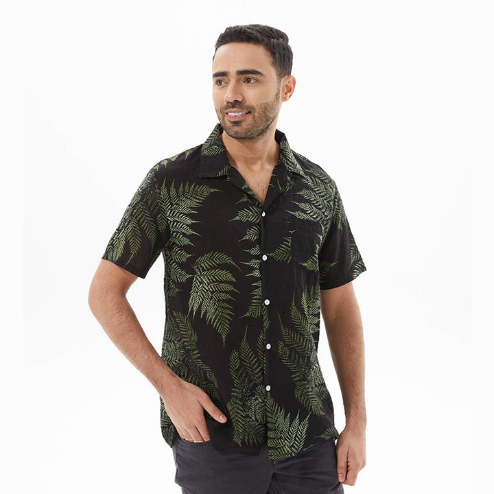 Herren Kurzarm-Hemd mit floralem Blattmuster und entspannter Passform Aliams