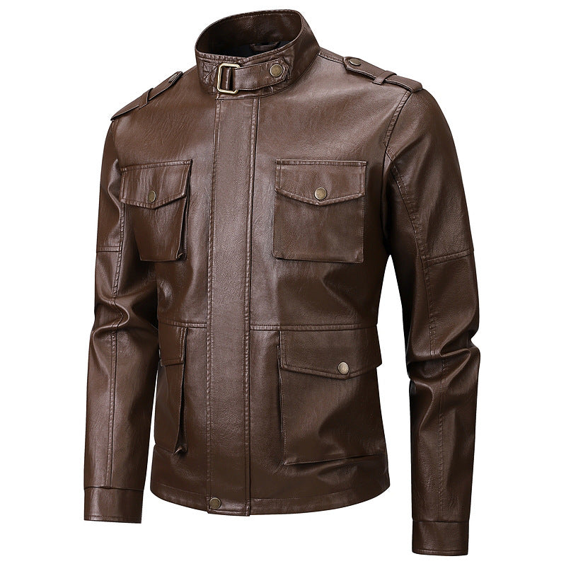 Herren Kunstlederjacke im stilvollen Militärlook mit funktionalen Pattentaschen Aliams