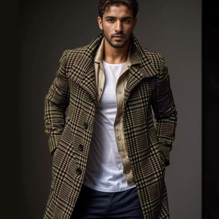 Herren eleganter Karomantel mit großflächigen Taschen und hohem Kragen Aliams