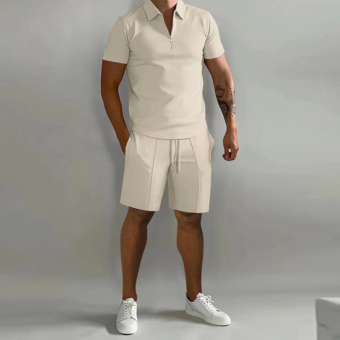 Herren sportliches Kurzarm-Poloshirt mit Reißverschluss und passenden Shorts Aliams