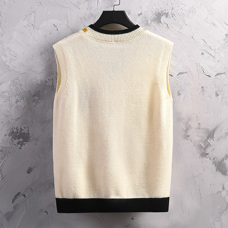 Herren ärmellose Strickjacke mit V-Ausschnitt und Farbblockdesign Aliams