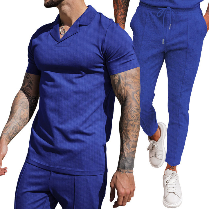 Herren elegantes Kurzarm-Polo und schmal geschnittene Hose Set Aliams