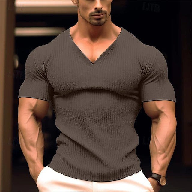 Herren körperbetontes V-Ausschnitt T-Shirt aus atmungsaktivem Baumwollmix Aliams