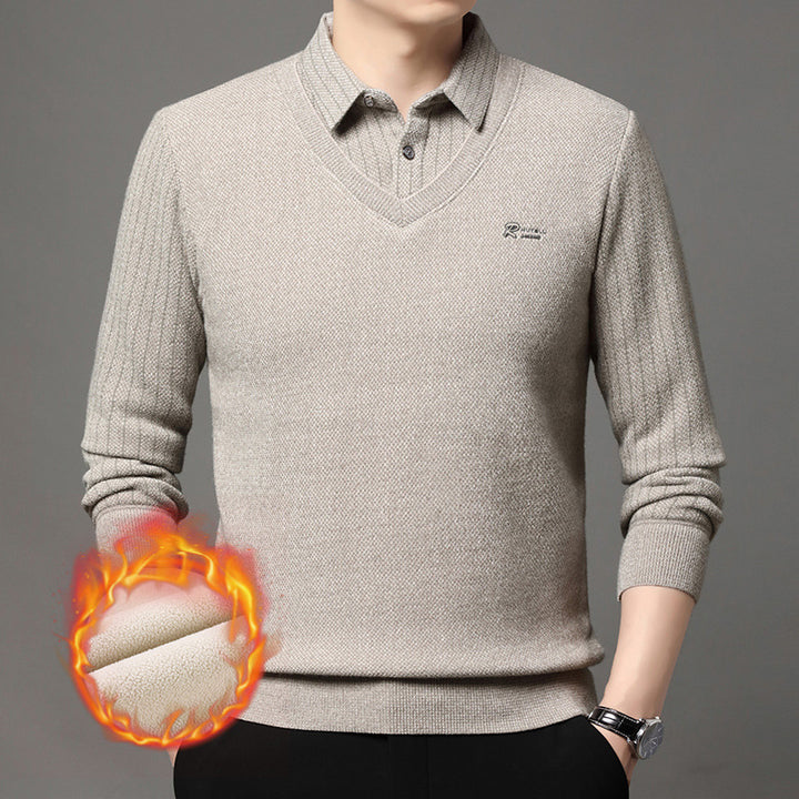 Herren eleganter V-Pullover mit strukturierten Ärmeln und klassischem Hemdkragen Aliams