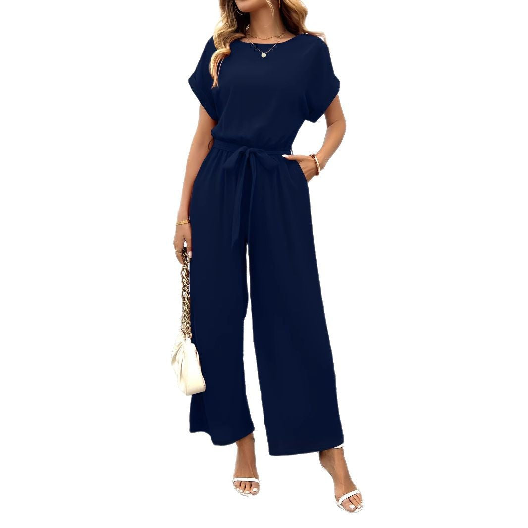 Damen Jumpsuit mit Weitem Bein und Taillengürtel Aliams