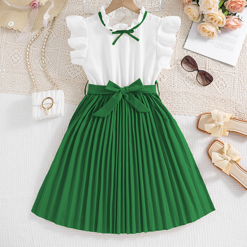 Mädchen Faltenrockkleid mit Puffärmeln und Taillenknoten Aliams