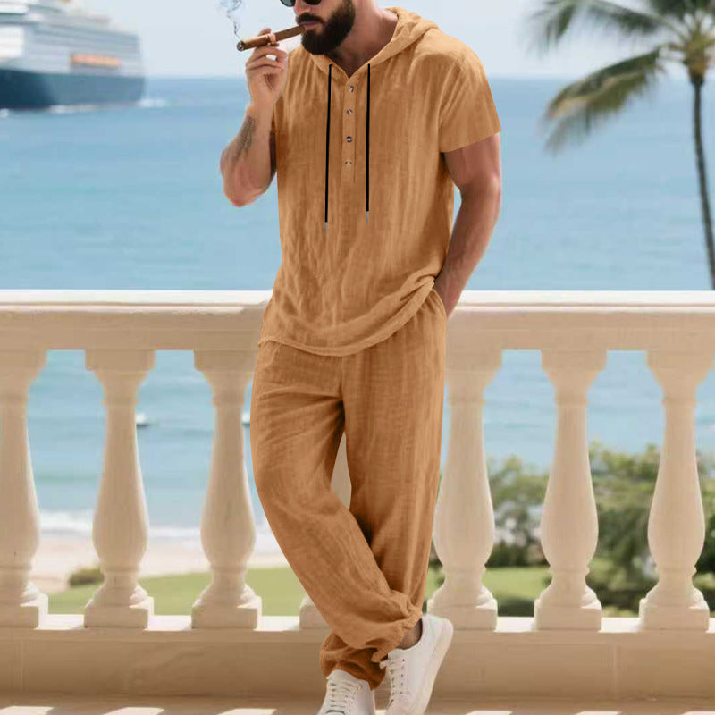 Herren komfortables Freizeit-Set mit modischem Henley-Oberteil und lockeren Hosen Aliams