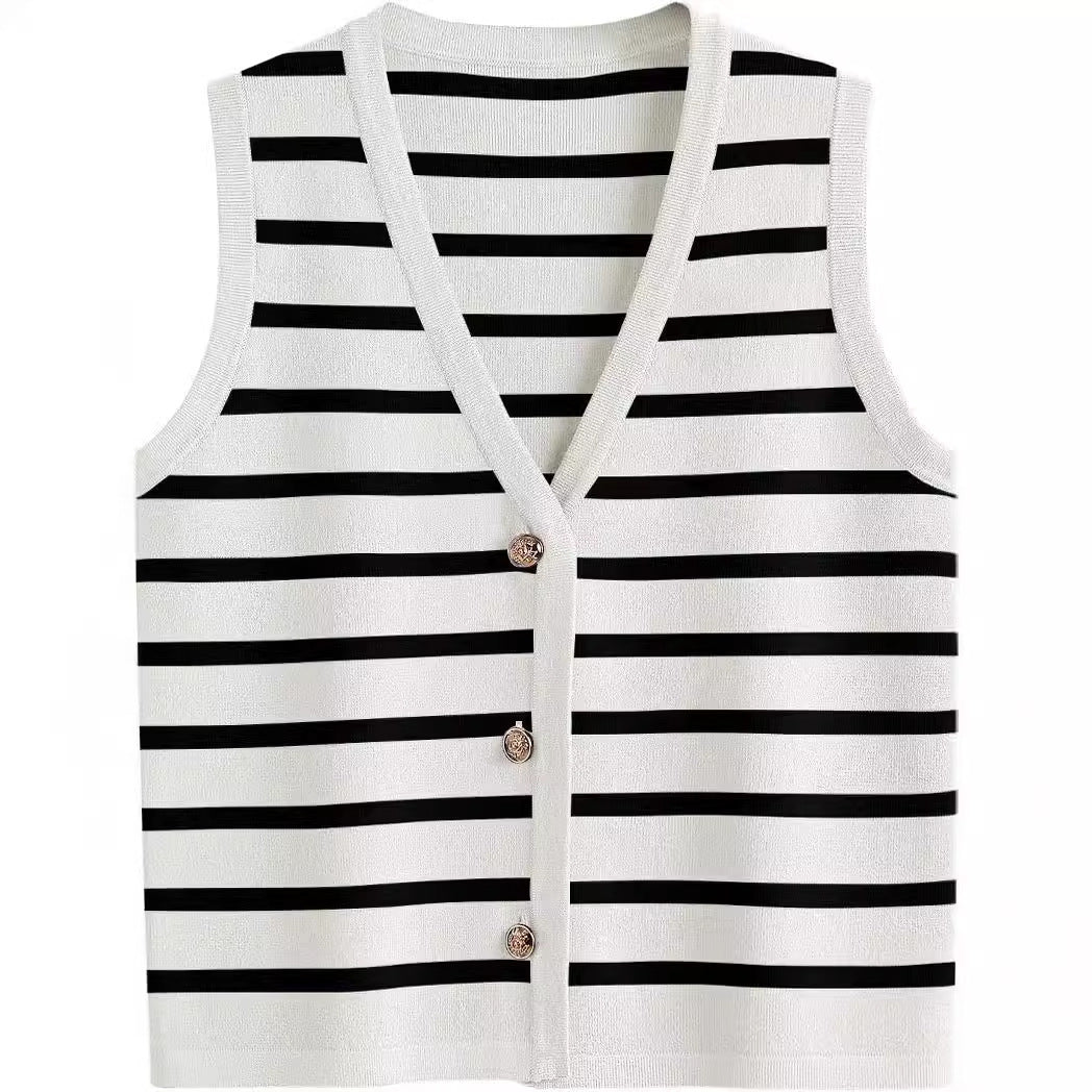 Damen ärmellose Strickweste mit V-Ausschnitt und dekorativen Knöpfen Aliams