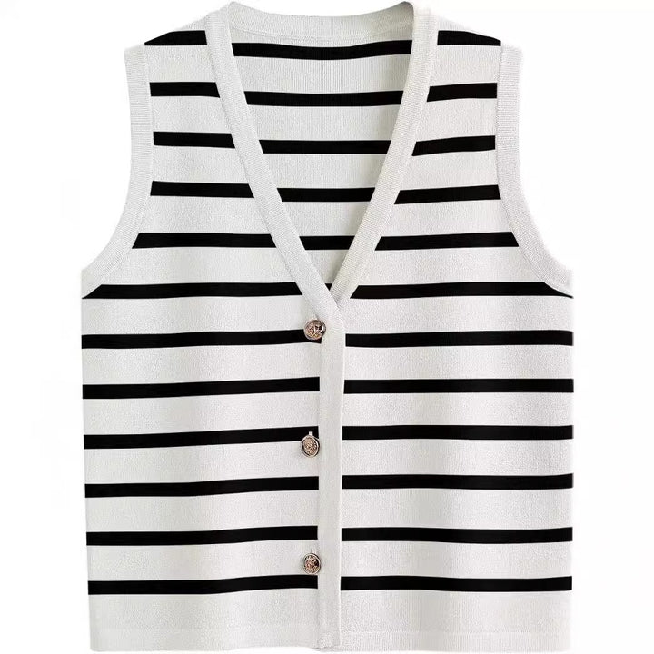 Damen ärmellose Strickweste mit V-Ausschnitt und dekorativen Knöpfen Aliams