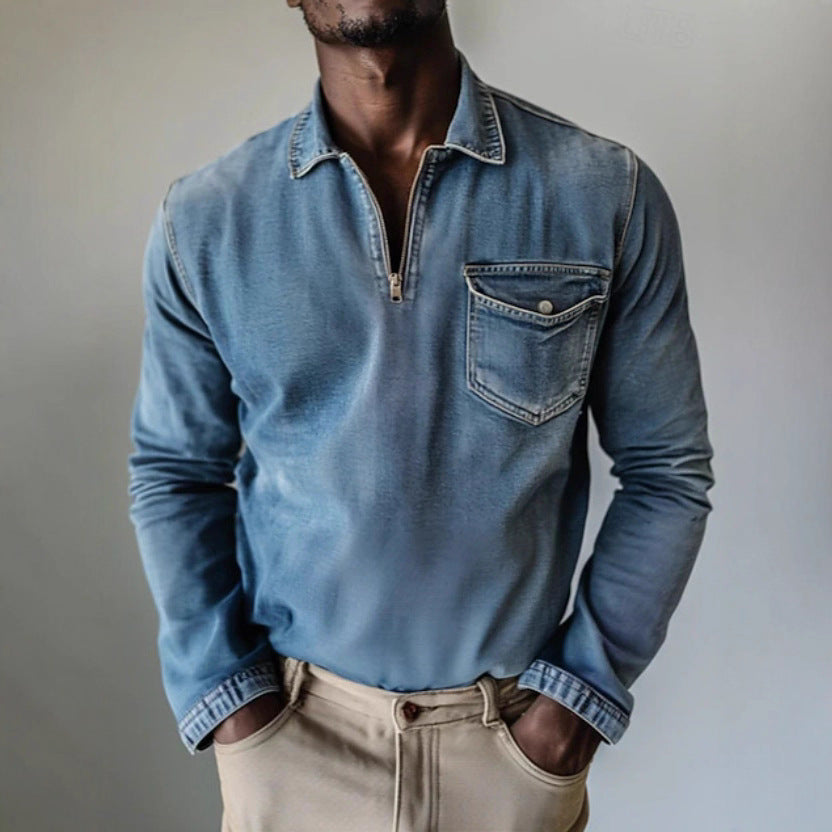 Herren Jeanshemd mit kurzem Reißverschluss und Brusttasche Aliams