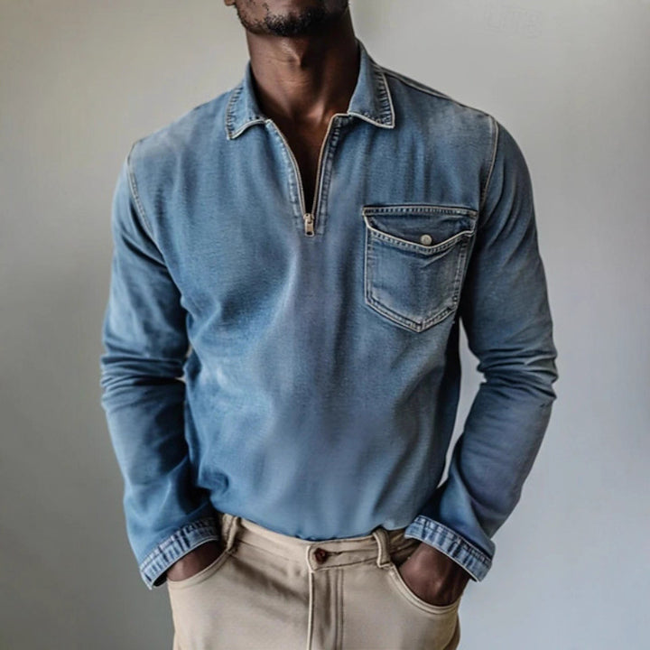 Herren Jeanshemd mit kurzem Reißverschluss und Brusttasche Aliams