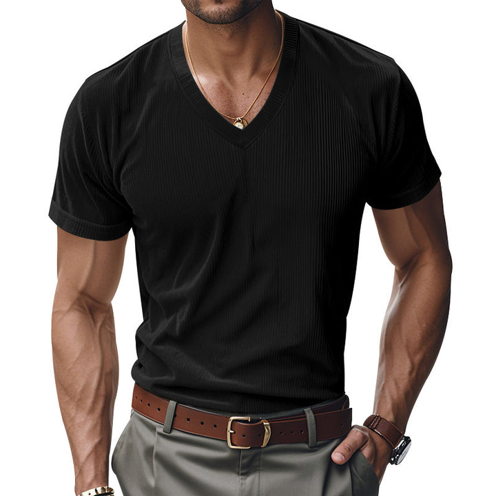 Herren V-Ausschnitt T-Shirt mit strukturiertem Rippenmuster Aliams