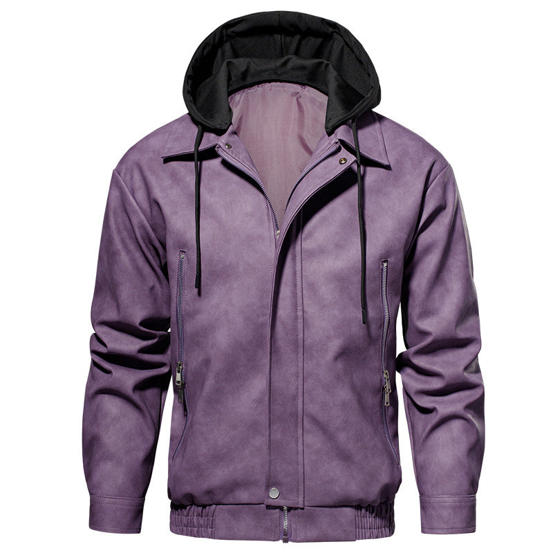 Herren Kunstlederjacke mit abnehmbarer Kapuze und elastischem Bund Aliams