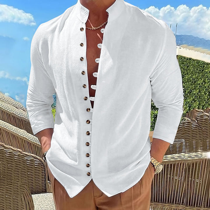 Herren stilvolles Langarm-Hemd mit Knopfleiste und modernem Stehkragen Aliams