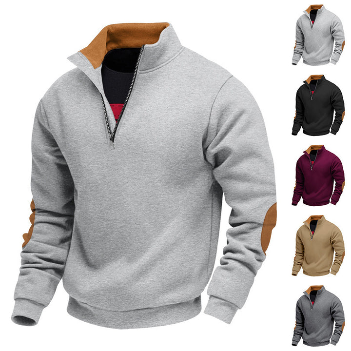 Herren sportlicher Half-Zip Pullover mit Kunstleder-Details und elastischen Bündchen Aliams
