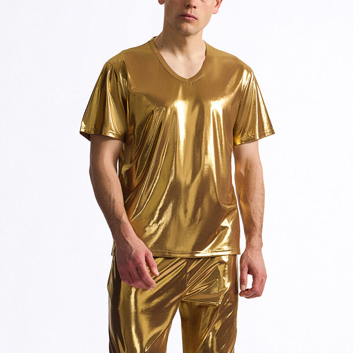 Herren glänzendes V-Ausschnitt T-Shirt im metallischen Look Aliams