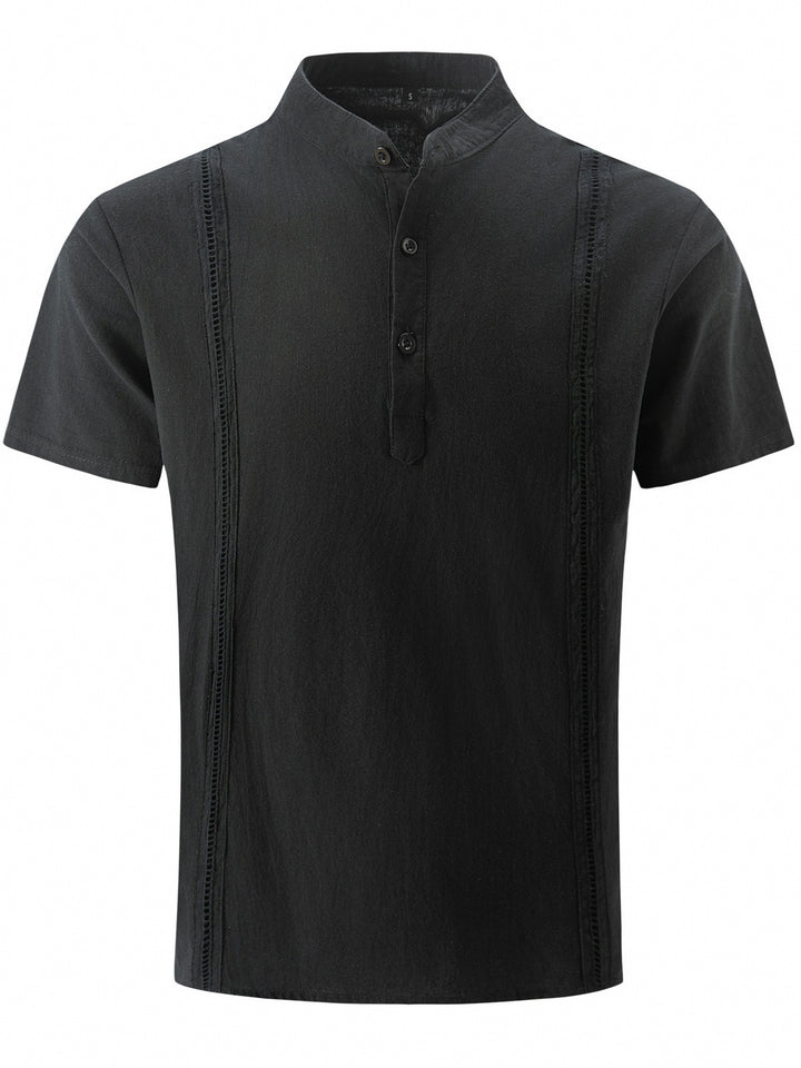 Herren Elegantes Kurzarmhemd mit modernem Stehkragen und feiner Knopfdetails Aliams