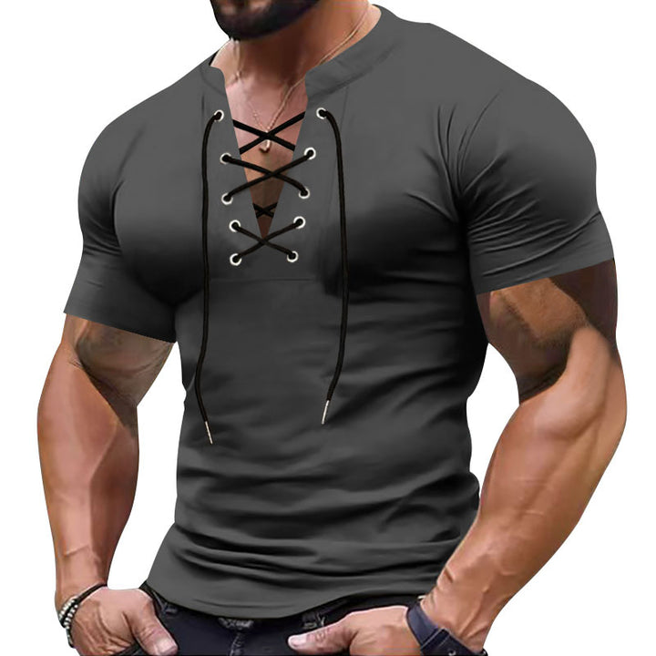 Herren Kurzarm-Henley-Shirt mit modischem Schnürdesign und körperbetonter Passform Aliams