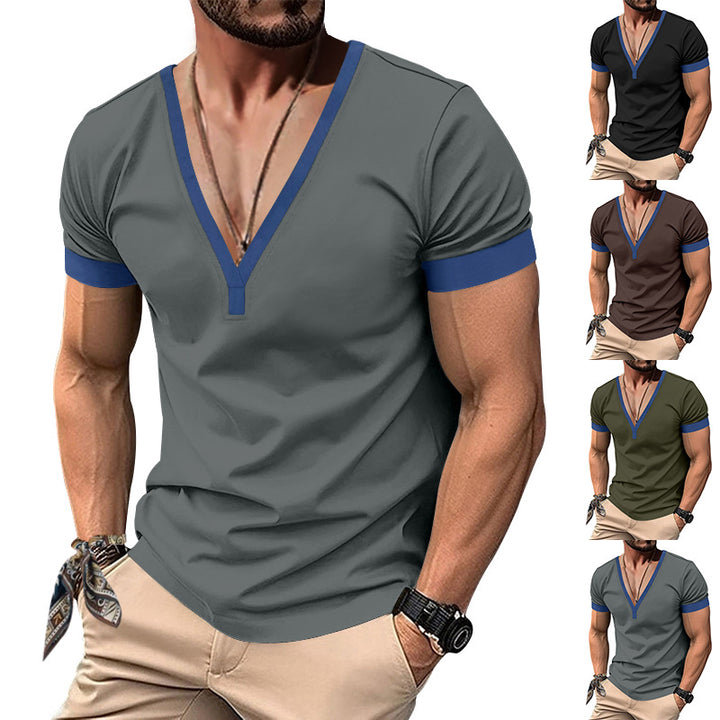 Herren V-Ausschnitt T-Shirt mit kontrastierenden Ärmeln und atmungsaktiver Baumwolle Aliams