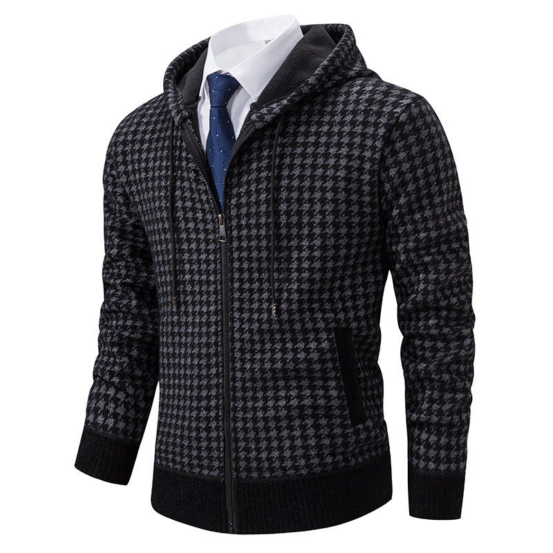 Herren gemütlicher Strickpullover mit modernem Karomuster und Kapuze Aliams