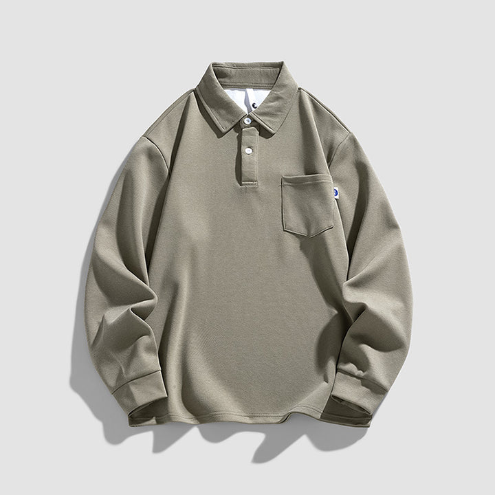 Herren lässiges Langarm-Polo mit Knopfleiste und praktischer Brusttasche Aliams